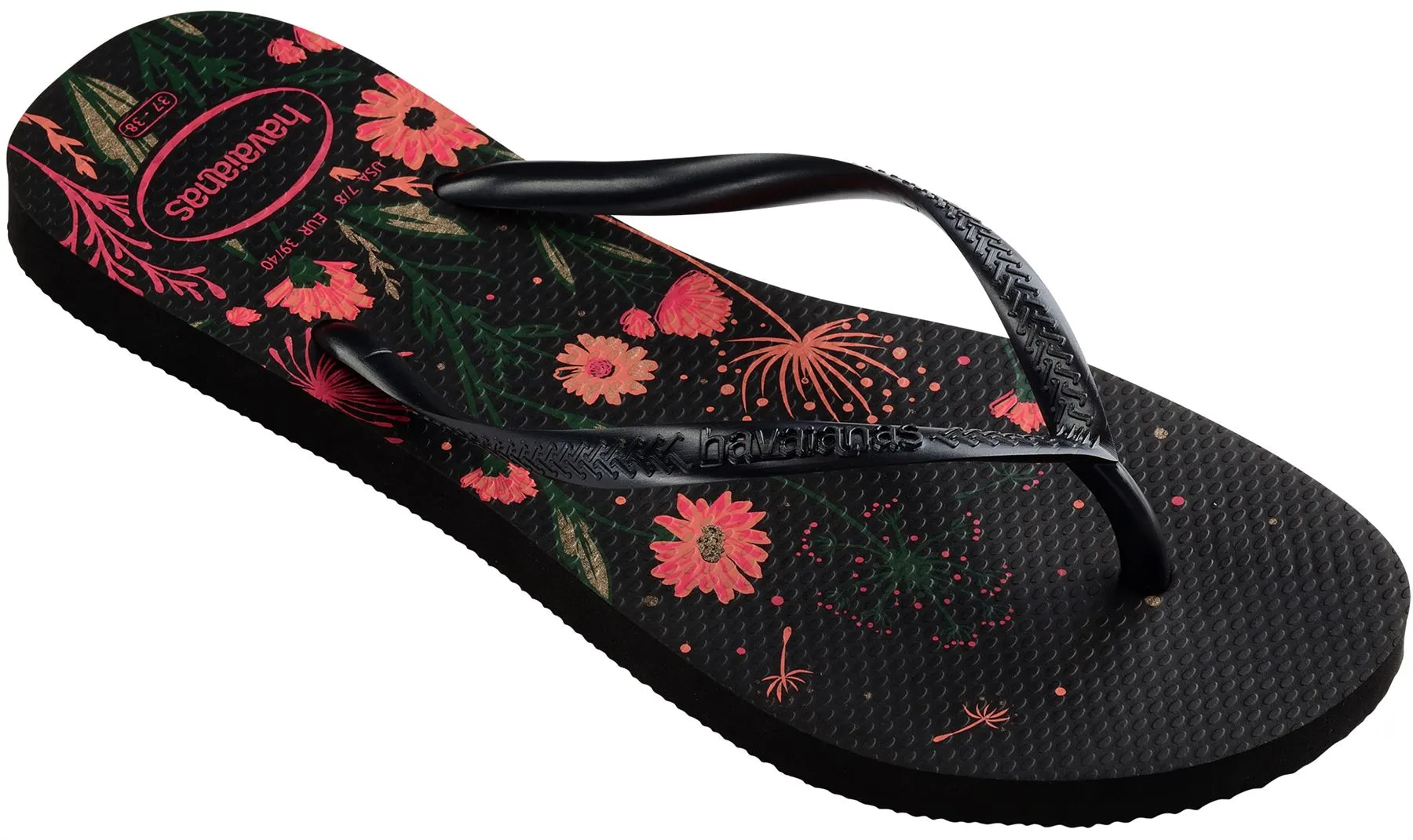 Havaianas Slim Organic Black Pink Floral Womens Flip Flops