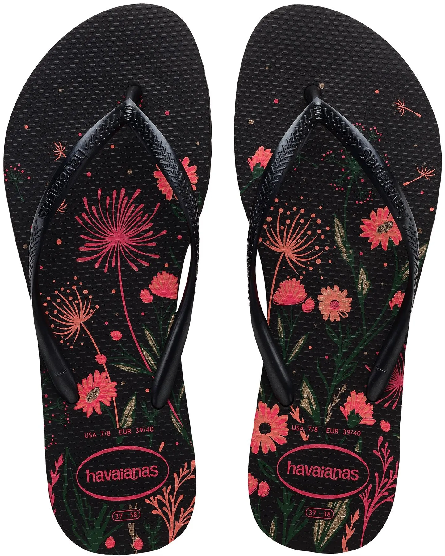 Havaianas Slim Organic Black Pink Floral Womens Flip Flops