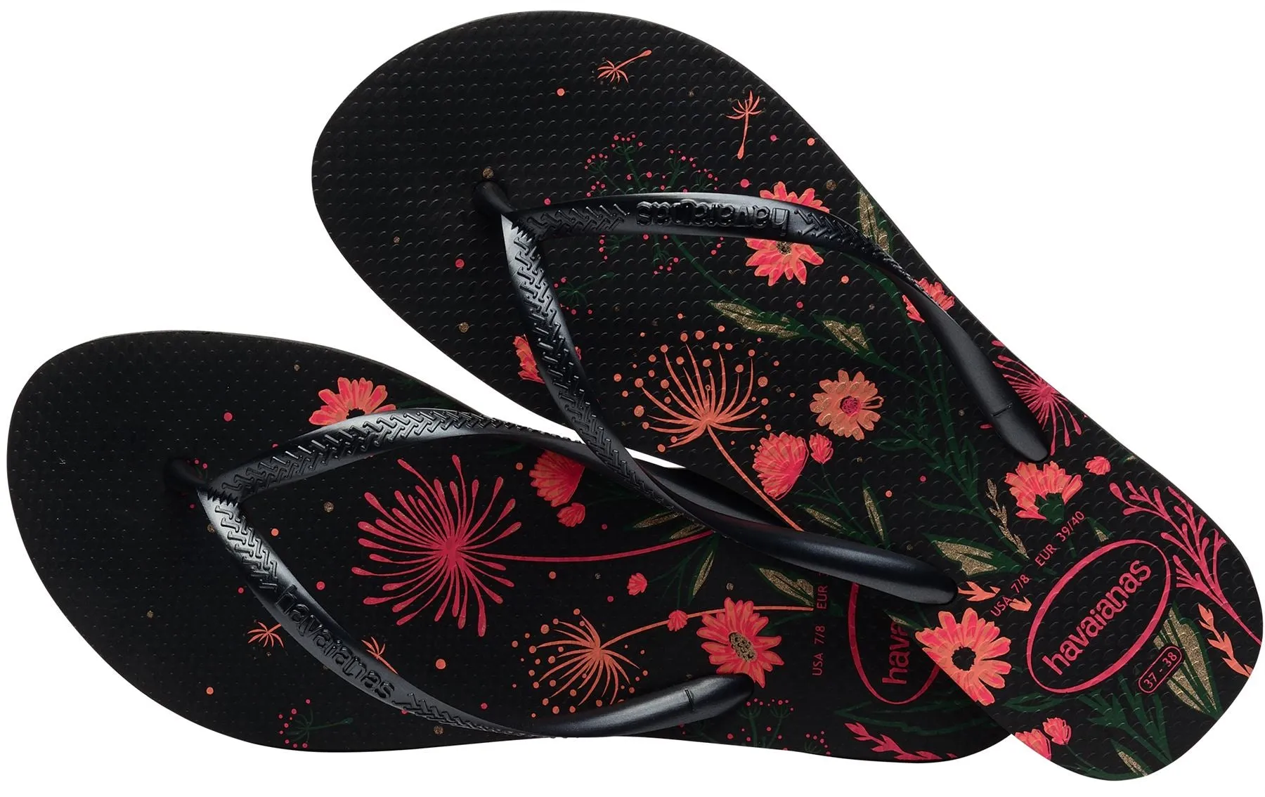 Havaianas Slim Organic Black Pink Floral Womens Flip Flops
